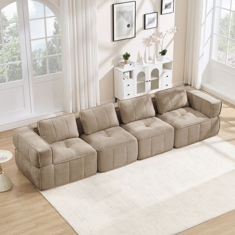Canapé modulable XL 4 places en tissu, grand canapé droit avec assise épaisse et modules séparables pour salon cosy Beige, 344 x 93 x 67 cm (1/5)