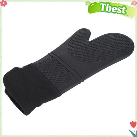 Tbest Gants résistants à la chaleur Mitaines de four Texture bouche oblique Silicone table set Motif nid d'abeille long noir (1/4)