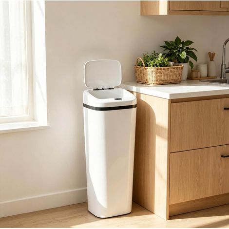 Poubelle de cuisine automatique 50 L à capteur 33 x 25 x 84 cm en acier inoxydable et ABS blanche (1/5)