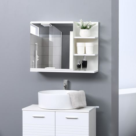 Armoire miroir salle de bain avec étagère, 3 étagères latérales, kit d'installation murale inclus, bois (aspect blanc)