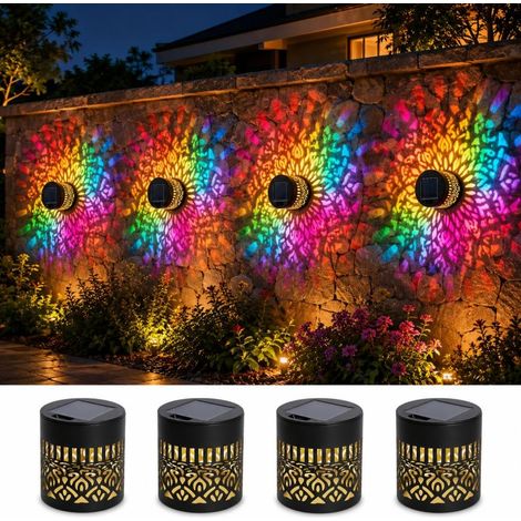 Lot de 4 lampes solaires mandala d'extérieur, étanches et à couleurs changeantes, pour clôture, jardin, terrasse, mur ou poteau décoratif. Lumière chaude ou colorée. (1/5)