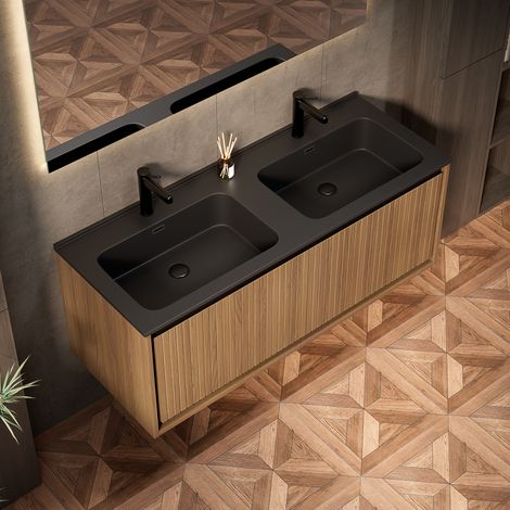 Mobile bagno sospeso 121 cm con doppio lavabo in resina nera e 2 cassetti rovere (1/5)