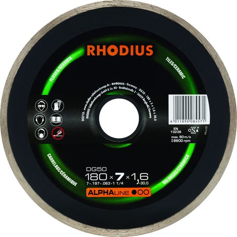 Rhodius Diamanttrennscheibe DG50 Fliesen Ø 180 mm Bohrung 30 mm für Winkelschleifer
