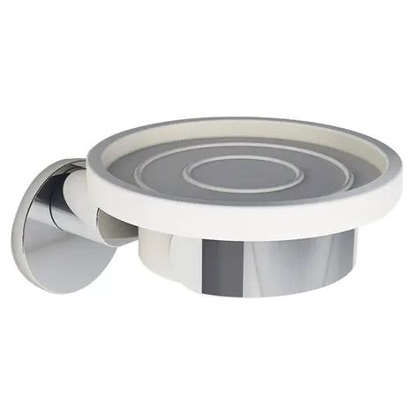 Portasapone redondo de metal cromado y vidrio satinado 11 × 5,5 × 12 cm