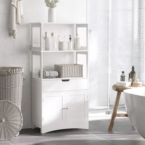 Armoire de salle de bain avec étagères - blanche - Armoire polyvalente en bois de salle de bain - armoire et tiroir - 60x33x122,5 cm