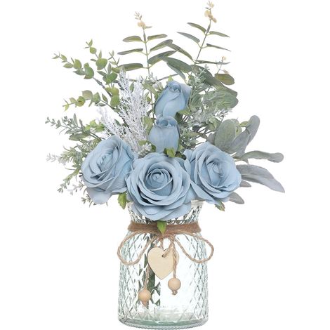 Fleurs artificielles avec vase, roses artificielles en soie dans un vase, arrangement de fleurs d'eucalyptus pour la maison, le bureau, la ferme, la salle de bain, la table à manger, décoration (1/5)