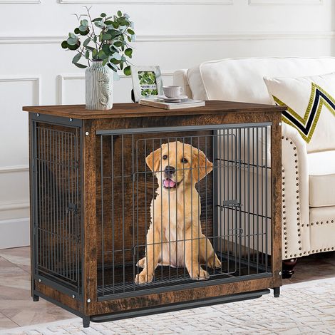 Modern Hundekäfig aus Massivholz und Metall, Hundebox mit Abnehmbare Bodenwanne und 2 Türen, Hundehaus im Möbelstil für kleine Hunde, 63x51x59cm (1/5)