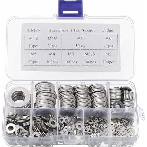 Rondelle Inox avec Boîte de Rangement (Lot de 580) - Assortiment de 9 Tailles M2, M2.5, M3, M4, M5, M6, M8, M10 & M12 - Lot de Rondelles Métal - Réparations, Usines & Décoration Intérieure Lefou (1/5)
