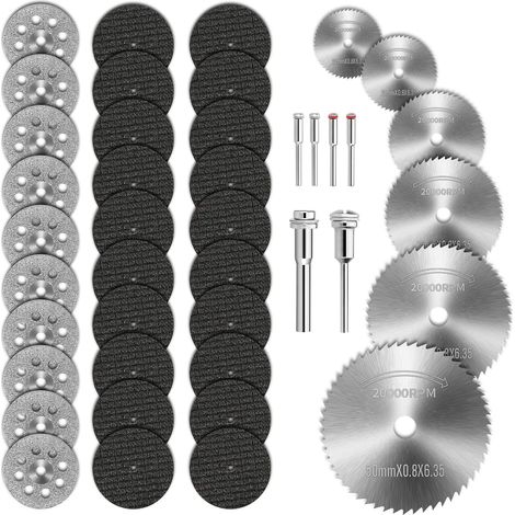 EASYCOMFORT 42 pcs Mini Disque Diamant à Tronçonner,6 Mandrins Mini Lame de Scie Circulaire HSS Disque Diamant à Tronçonner et Disque de Coupe Résine pour Bois Plastique Fibre de Verre Cuivre Aluminiu (1/5)