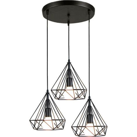Lampara Colgante Moderno Ø25CM 3 Luces Diamante Plafones Vintage Retro Jaula De Hierro Metal Minimalismo Decoracion De Comedor Cocina Sala (Negro)
