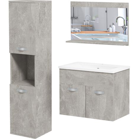 Ensemble de Meubles de Salle de Bain 4 Pièces, Mural, avec Miroir, Meuble sous Vasque, Lavabo et Armoire Haute, gris