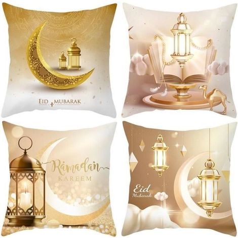 (Leuchtende Farben) Kissenbezüge – Eid Mubarak – 4 Stück – 45 x 45 cm – Polyester – Modernes Dekor (1/4)