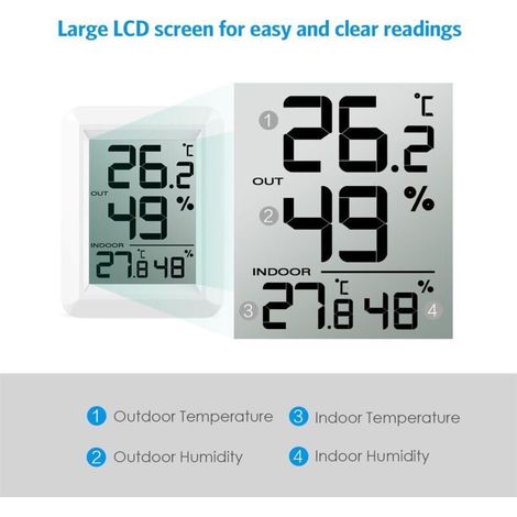 Thermomètre Intérieur et Extérieur, Thermomètre Connecté avec Capteur Extérieure sans Fil, Thermomètre Hygrometre Numérique avec Grand Ecran LCD, Commutateur ℃/℉, pour Bureau, Maison, (1/5)