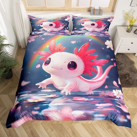 Housse de couette 135 x 200 cm Rose Kawaii Salamandre Pour enfants et adolescentes Motif fleurs de cerisier Arc-en-ciel (1/5)