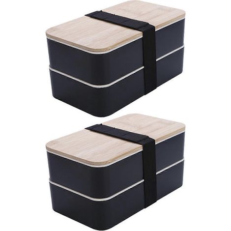 Boîte à lunch japonaise simple à double compartiment avec compartiments pour couteau, fourchette et cuillère, noire. Idéale pour les étudiants. (1/5)