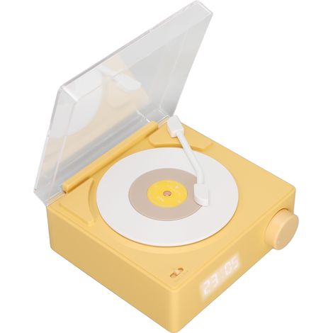 Réveil Bluetooth X11 avec haut-parleur intégré, son stéréo à 360°, disque vinyle rotatif style rétro, alimentation CC 5V 1A, jaune.