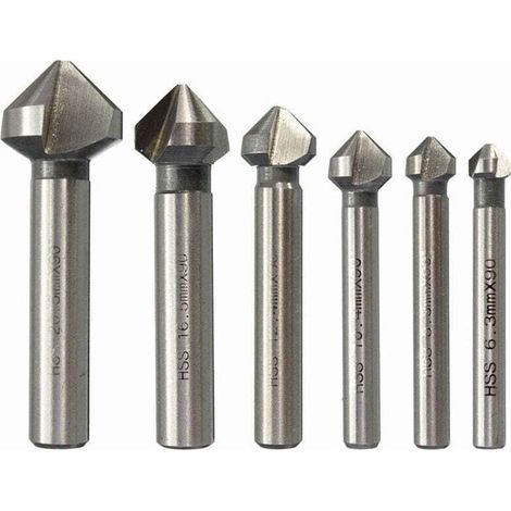 Trywise Jeu de 6 fraises à chanfreiner, fraises à chanfreiner HSS à 90°, fraises à chanfreiner cylindriques, outils à visser pour le bricolage, bois, métal, PVC, 6 3/8, 3/10, 4/12, 4/16,5/20,5 mm (1/4)