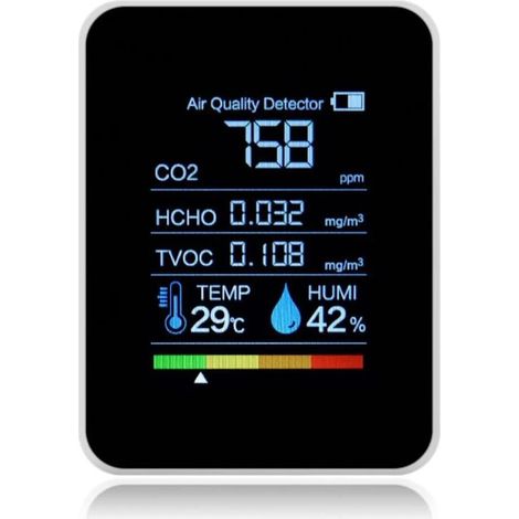 Appareil de mesure de la qualité de l'air CO2 5 en 1 avec affichage de la température, de l'humidité et des COVT (composés organiques volatils totaux, HCHO) pour la maison, le bureau, l'école et une u (1/4)