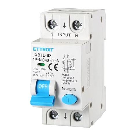 ETTROIT Disjoncteur différentiel 1P+N 40A 6kA 30mA 220V occupe 2 modules DIN Ettroit JX274061