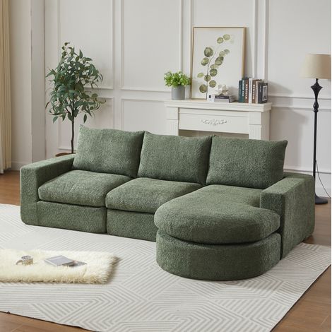 Canapé modulaire en chenille verte avec chaise longue réversible OKWISH (1/5)