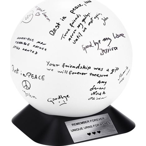 Urne funéraire sphérique blanche, acier inoxydable, personnalisée avec signature (1/5)