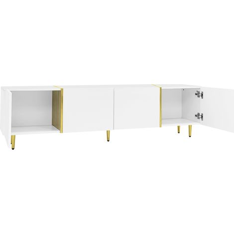 Meuble TV moderne en MDF blanc laqué brillant avec 4 portes, 170 x 35 x 46 cm (1/5)