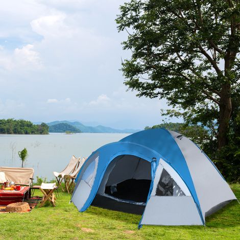 Outsunny Tente camping familiale 4-5 personnes tente dôme étanche légère, ventilée facile à monter double porte et fenêtres dim 3L x 2,50l x 1,30H m fibre verre polyester bleu marine