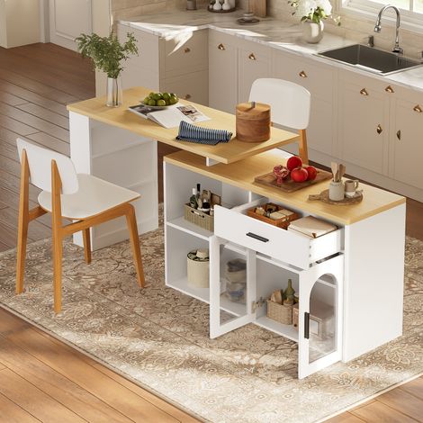 Stationäre Kücheninsel mit 360° Drehtisch, Stauraumschrank, Bartisch mit Schublade und Regalen, Küchen-Sideboard mit Ablageregal für Esszimmer und Hausbar, L-förmiger Schreibtisch, Weiß (1/5)