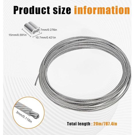 Fil Acier Inoxydable, 20 Mètres Câble Métallique en Acier Inoxydable, Diamètre 3 mm Fil Inox, avec 10 Pinces, Pour étendre Le Linge, Suspendre des Guirlandes Lumineuses ou Décorer (1/5)