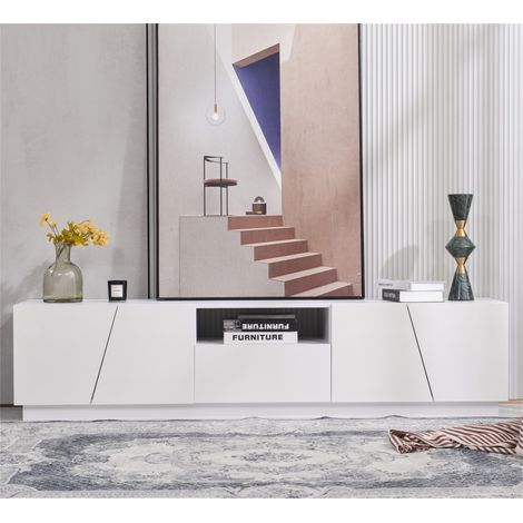 Meuble TV 170 cm, avec quatre vantaux de porte irréguliers, 1 tiroir et étagère ouverte, structure en MDF durable, style patchwork diagonal - 170x37x42 cm (Blanc) (1/5)