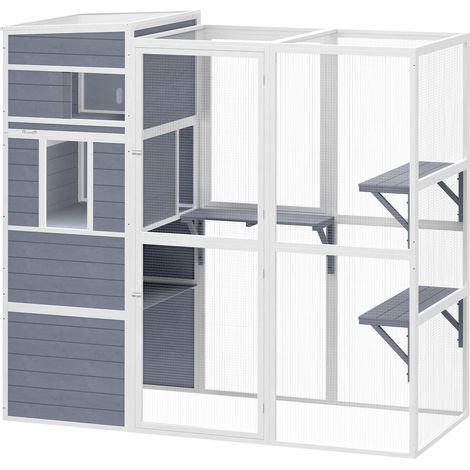 PawHut Wooden Catio with Spacious Resting Rooms, 3 Platforms, Window, Grey (1/5)