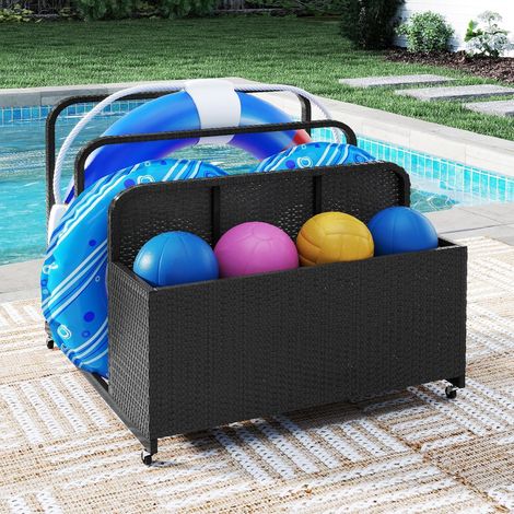 GOPLUS Coffre de Jardin Exterieur avec Portant Roues, Coffre Jardin Exterieur Mobile en Rotin PE avec et 2 Porte-Serviettes, Coussins, Flotteur Piscine, Outils de Jardin,Charge 30 KG (Noir) (1/5)