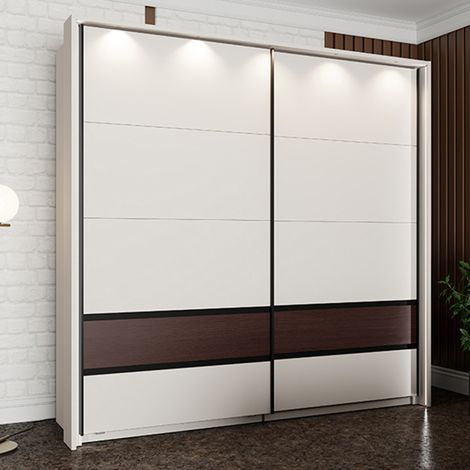 Schrank 2 Türen Vangvi, Schlafzimmer Kleiderschrank mit 2 Einlegeböden, Kleiderstange, Schiebetüren, 220x217h cm Cremeweiß (1/5)