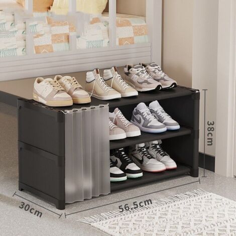 – Meuble à chaussures 3 niveaux avec rideau – Tissu non tissé imperméable – Capacité 10 paires – Dimensions 56x30x38cm (1/3)