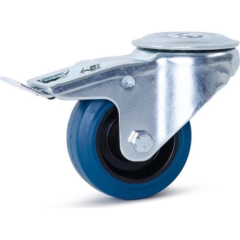 Roulette pivotante freinée - MESO - Caoutchouc élastique bleu - 80mm - 100kg - Trou central