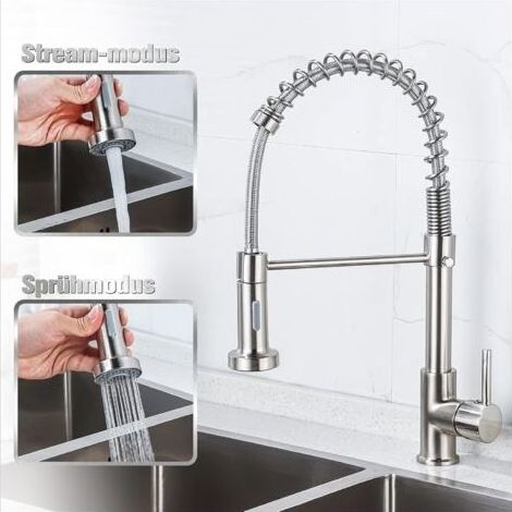 Robinet de cuisine avec douchette, mitigeur pivotant à 360°, ressort en spirale pour évier de cuisine, robinet d'évier en nickel brossé (1/5)