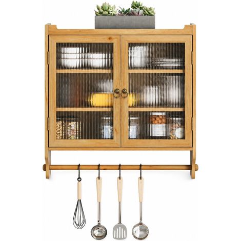 CHICFURN Armadietto da parete vintage per bagno 63x60x18 cm in legno e vetro naturale, 3 livelli (1/5)