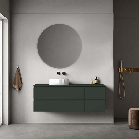 Mobile bagno sospeso reversibile  140 cm Verde Comodoro  per Lavabo d'appoggio Specchio Tondo - Fiji Paint Top