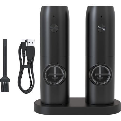 Set of 2 salt and pepper electric grinders, stainless steel, adjustable grinding level, type C, with transparent storage compartment, color black (1/5)