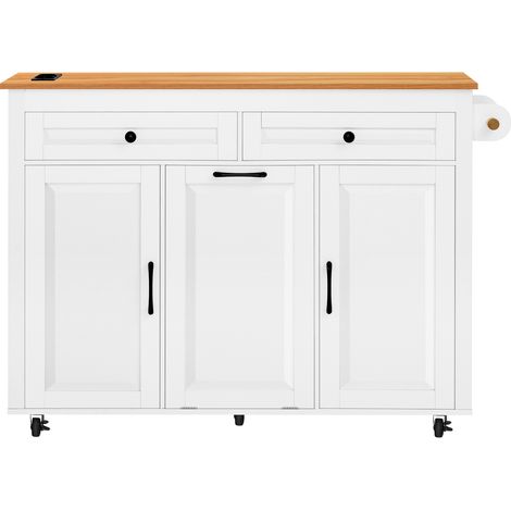 Isla de Cocina con Encimera Extensible, Compartimento para Cubo y Enchufes, para Cocina y Comedor, MDF, 120x40-75x92 cm, Blanco (1/5)