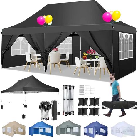 Gazebo, Tissu Imperméable, Hauteur Réglable, Noir (1/2)