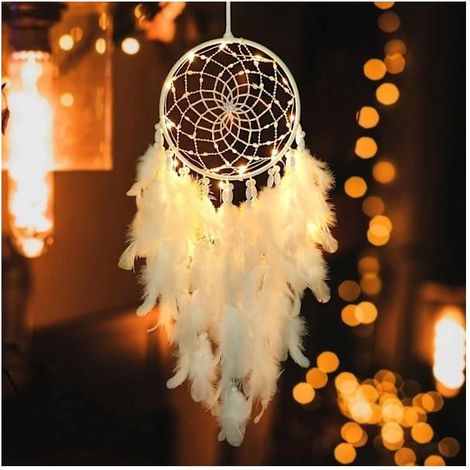 Attrape-Rêves Lumineux LED Style Bohème - Plumes Blanches et Perles - Décoration Murale Fait Main Chambre Enfant (1/4)