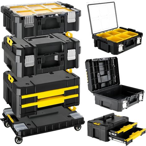 Chariot à Outils Modulaire 4-en-1, Système d'Empilage Robuste avec Roulettes (2 Freins), Tiroirs et Fermetures Métal, Idéal pour Garage, Chantier et Maison, 44,5 x 35 x 52 cm