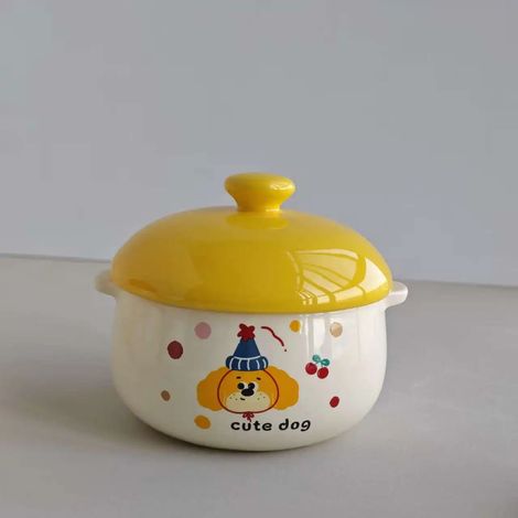 (Yellow Dog 5 pouces) Petit bol en céramique avec couvercle pour cuire à la vapeur la crème aux œufs, 350 ml, passe au four.