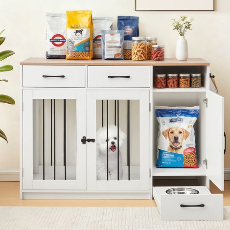 Dog Crate Furniture Style with Pet Feeder Station, Heavy Duty Pet Kennel Pen House with Drawer Storage, Indoor Dog Cage with Raised Bowls for Small Medium Pets White (1/4)