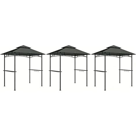 3er-Set  grillpavillon mit LED 240 x 150 x 258 cm wasserabweisend flammhemmend Gartenpavillon mit Doppelschichtdach, Seitenregalen, Gartenlauben mit UV-Schutz, BBQ Pavillon für Party BBQ Dunkelgrau