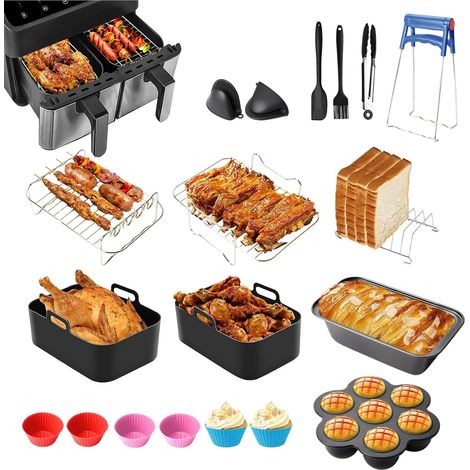 19 Pcs Accessoires Air Fryer Ninja 7,6-9,5L, Dual Air Fryer Accessoires Moule Silicone Accessoire de Friteuse à Air Chaud Accessoires Plat pour Friteuses à Air Ninja AF400EU, AF300EU, AF500EU (1/5)