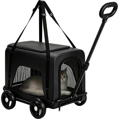 Chariot animal pliable, 2-en-1, noir, pour chiens et chats, voyage (1/5)