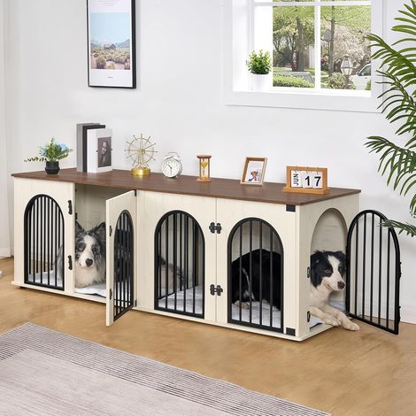 180 cm Cage pour 2 Chiens, Cages Double avec Séparateur, Niche en Bois, Cage pour Chien avec Coussin, Design Meuble TV pour Chiens de Moyens/Grands, Blanc et Marron