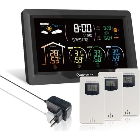 Station Meteo Interieur Exterieur Sans Fil avec 3 Capteurs 7,5" VA LCD Affichage Thermomètre, Hygromètre, Baromètre, Prévisions Météorologiques, Réveil, Lever et coucher du soleil